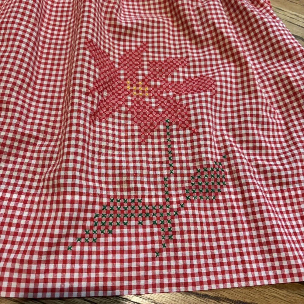 Vintage Red &‎ White Gingham Handmade Apron with Cross Stitch Design & Pocket